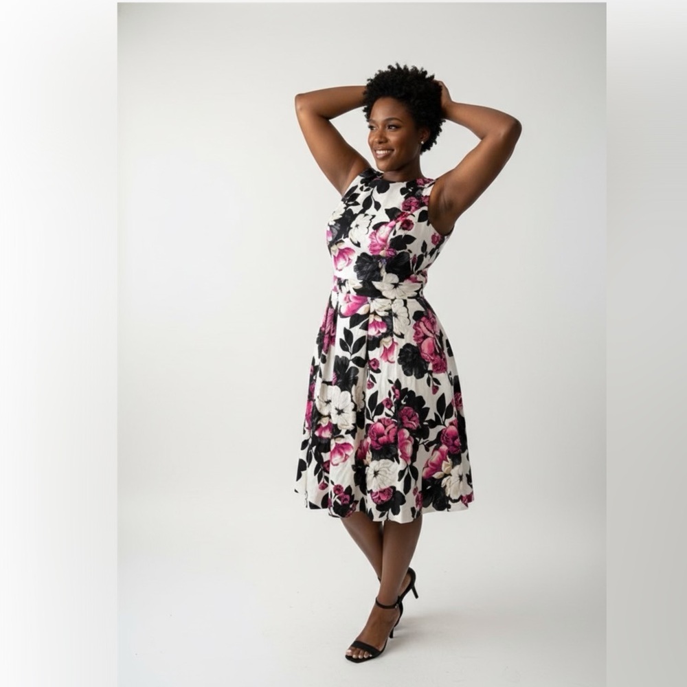 White House Black Market Floral Midi Dress - Pink, Black, and White